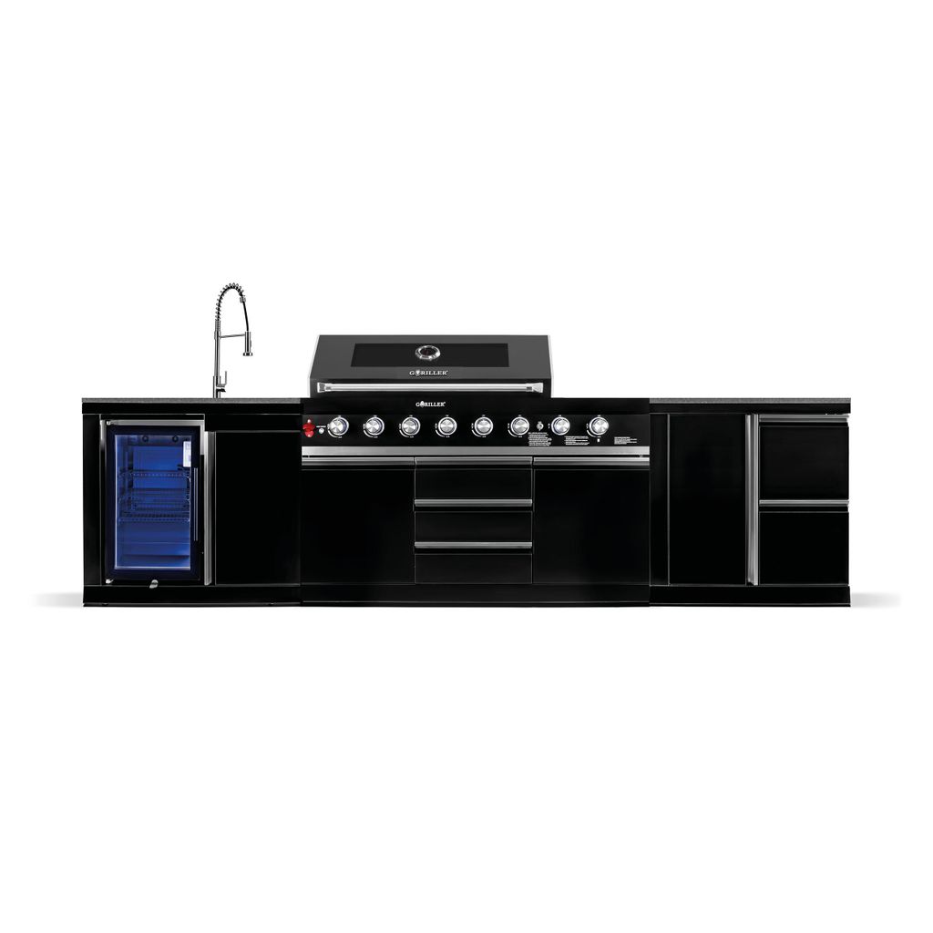 GORILLER BLACKBACK M3 Outdoor-Küche, XXL-Gasgrill mit Kühlschrank-Waschbecken-Kombination, Extra-Arbeitsfläche und Stauraum, Edelstahl, Schwarz