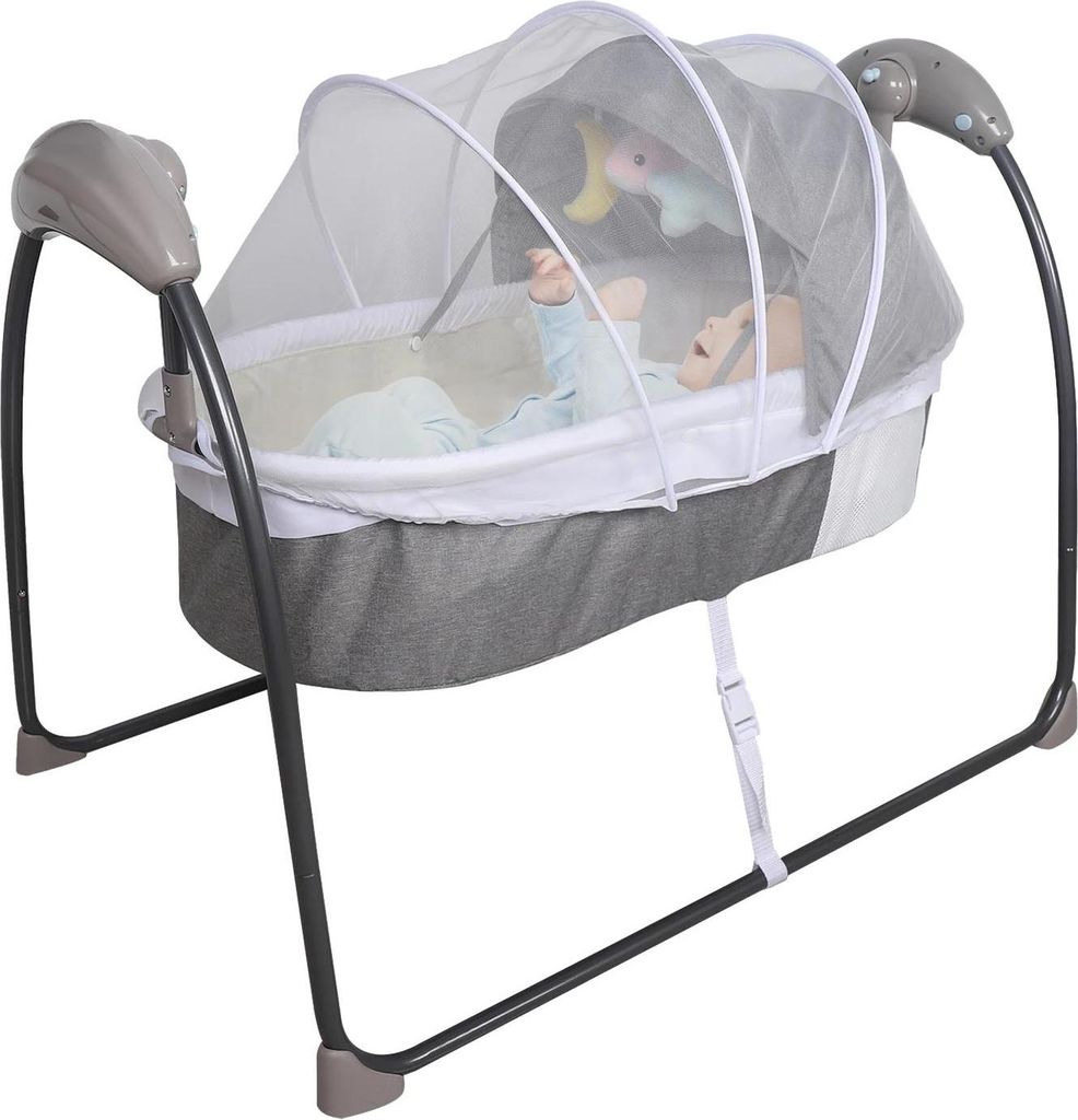 Tragbares Babybett - Elektrische Wiege - Moskitonetz - Musik & Fernbedienung - 0–12 Monate - Metallgestell - Hellgrau