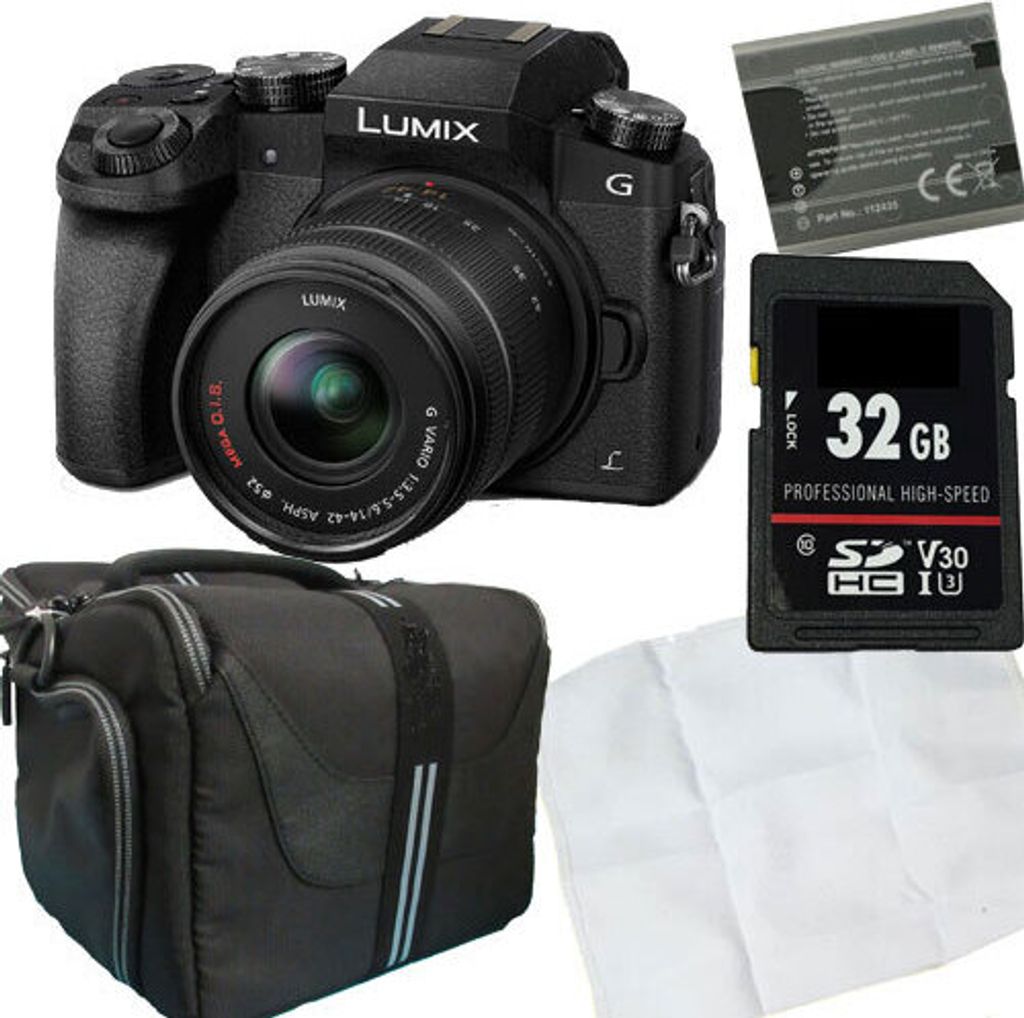 A collection of camera accessories including a camera, battery, memory card, and camera bag.