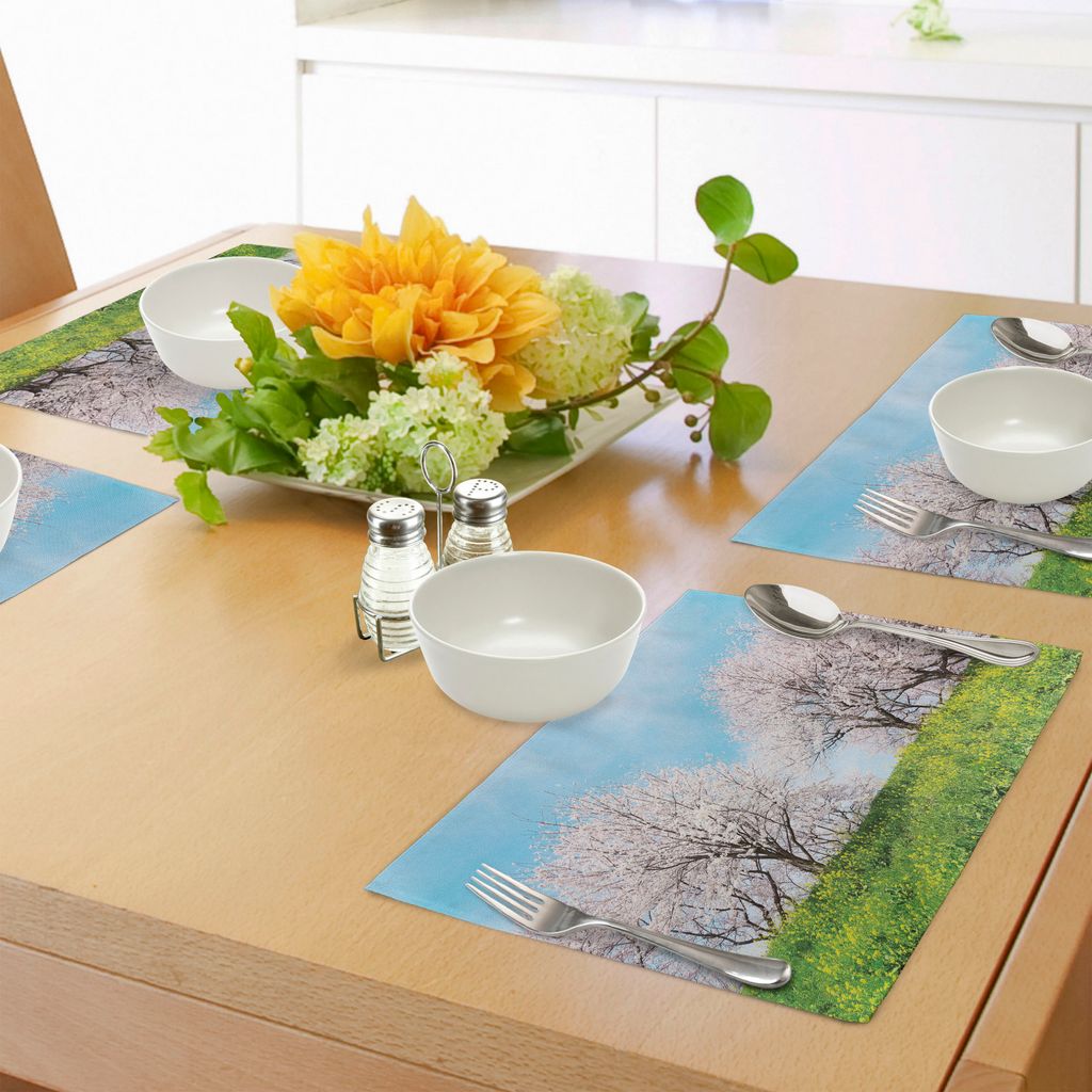 ABAKUHAUS Blumen Platzmatten, Japanisches Frühlings-Landschaftsgras Wildflowers Cherry Trees Pink blüht Panorama, Tiscjdeco aus Farbfesten Stoff ...