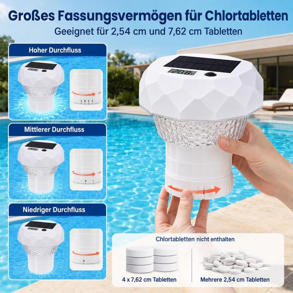 Produktbild von Infactory 3in1 Poolthermometer – Mit Chlor-Dosierer, RGB-LEDs, Solar, LCD, 7 Modi, IP67, 150x205 Mm
