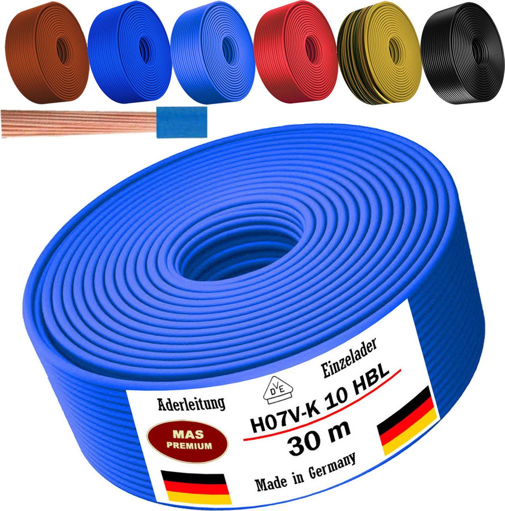 30m Aderleitung H07 V-K HBL 1x10 mm² Hellblau Einzelader flexibel