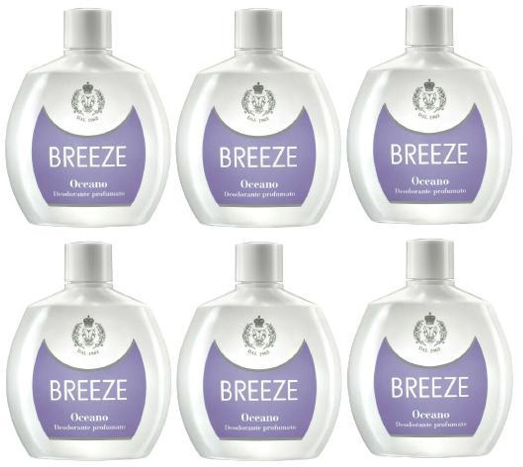 BREEZE Oceano Deodorante Squeeze, Deodorant ohne Gas und ohne Aluminiumsalze, 48h Duftendes Deodorant, 6x 100ml