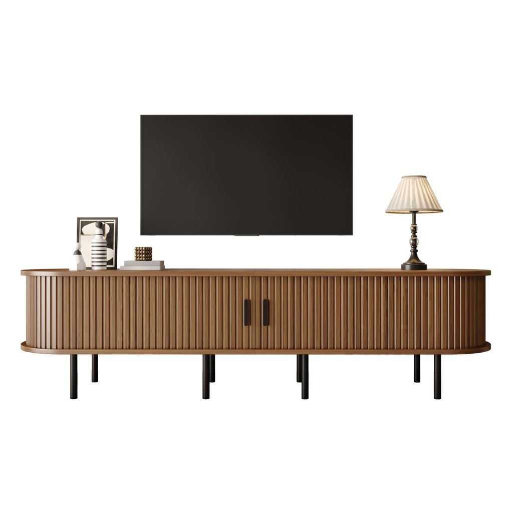 Geriffener elliptischer TV-Schrank mit Schiebetüren, 2 offene Fächer, Wohnzimmer-Medienkommode, MDF-Material, Metallfüße, abgerundete Ecken, mo...
