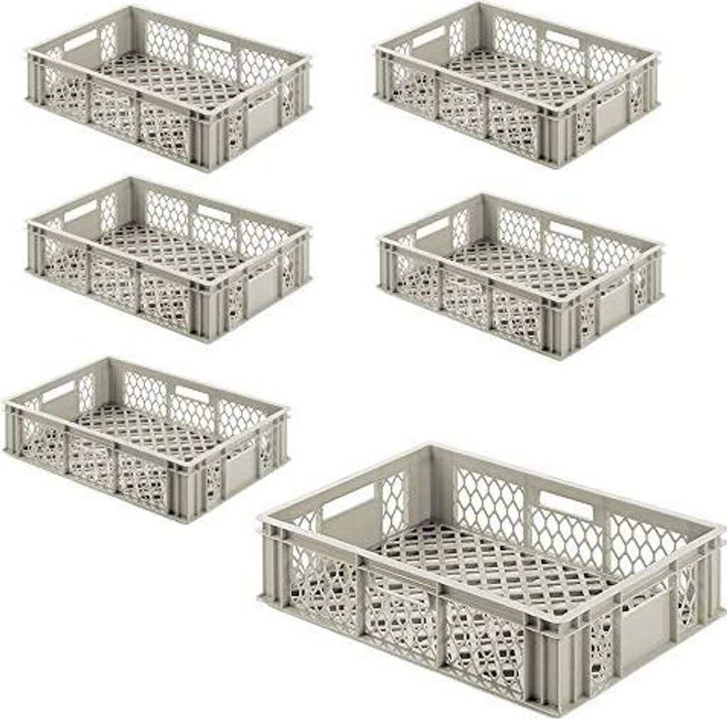 6x Eurobehälter 'Basic' durchbrochen, 600x400x155 mm, 29 Liter, 4 Durchfassgriffe, PE-HD, kieselgrau