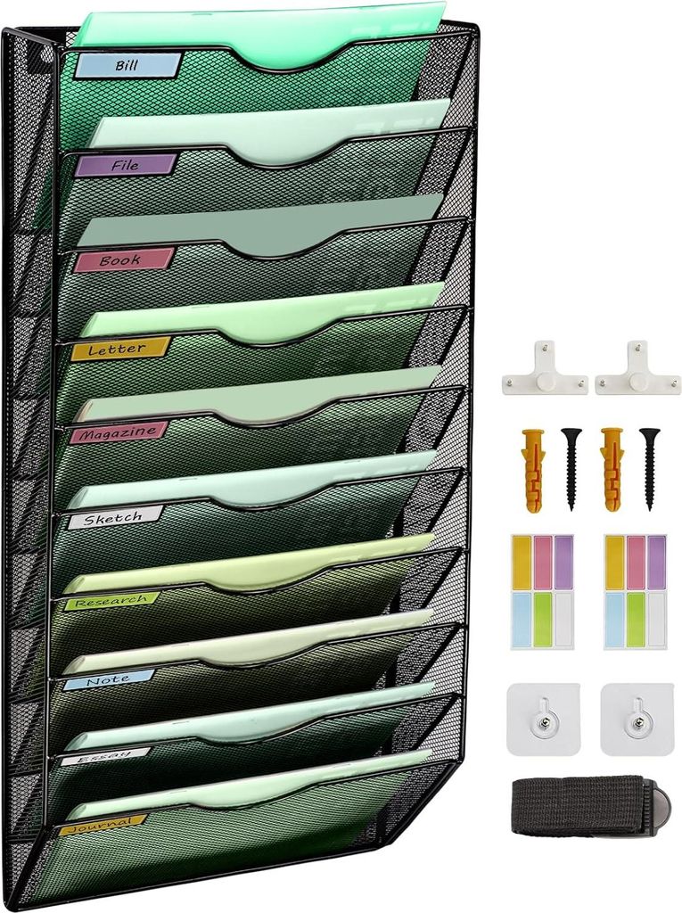 Mesh Wandhalter Organizer - 10 Fächer Büro Hängende Aktenmappe Zeitschriftenregal - Namensschild Haken Set - Schwarz