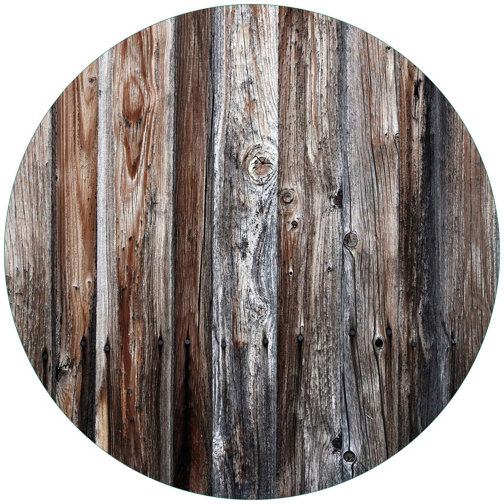 Wallario Premium Glasbild, freischwebende Optik, kräftige Farben, rund 50cm Durchmesser, Motiv Alte Holzwand - Holzplanken in grau und braun