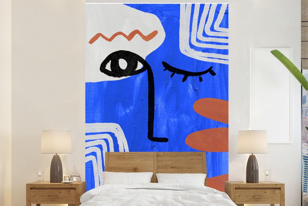 MuchoWow Fototapete für Wohnzimmer oder Schlafzimmer Wandtapete Vinyl Motivtapete Gesicht - Abstrakt - Blau - 145x220 cm - Wanddekoration