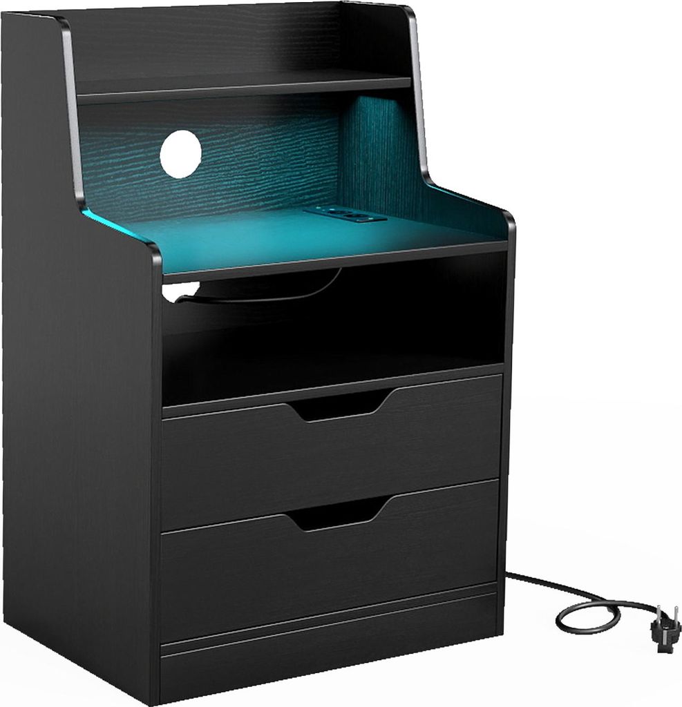 COSTWAY Nachttisch Beistelltisch mit LEDs, Ladestation, 2 Schubladen, offenen Fächern & Fernbedienung, Sofatisch, Nachtschrank 45x35x72,5cm Schwarz