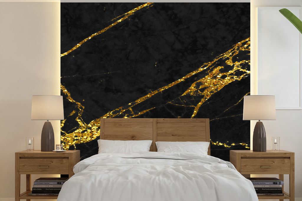 MuchoWow Fototapete für Wohnzimmer oder Schlafzimmer Wandtapete Vinyl Motivtapete Marmor - Gold - Schwarz - Muster - 300x300 cm - Wanddekoration