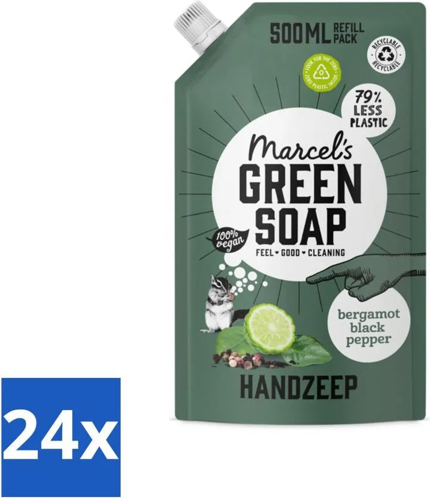 Marcel's Green Soap - Sapone per le mani - Bergamotto e pepe nero - Cura naturale - 500 ml - Value Pack - 24 barrette