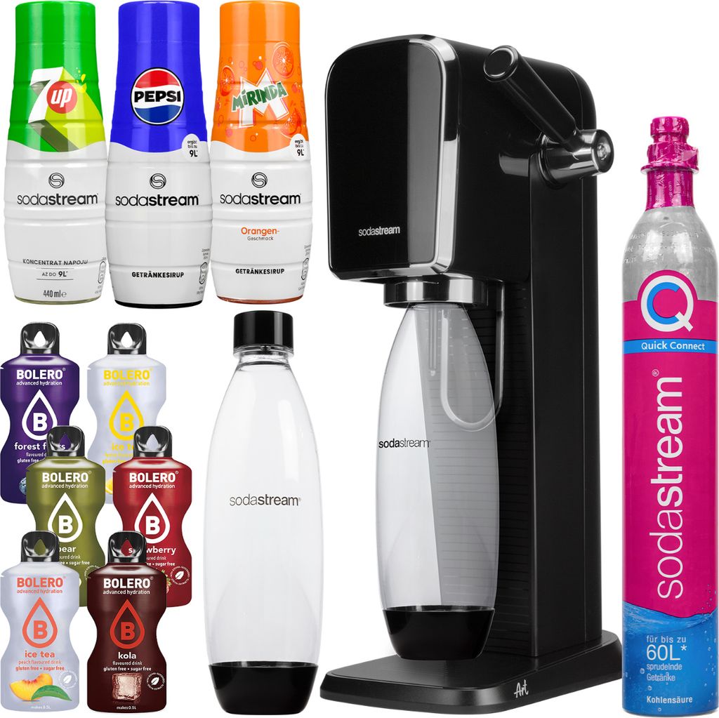 Sodastream Wassersprudler Art Schwarz Set mit Pepsi 7UP Mirinda Sirup