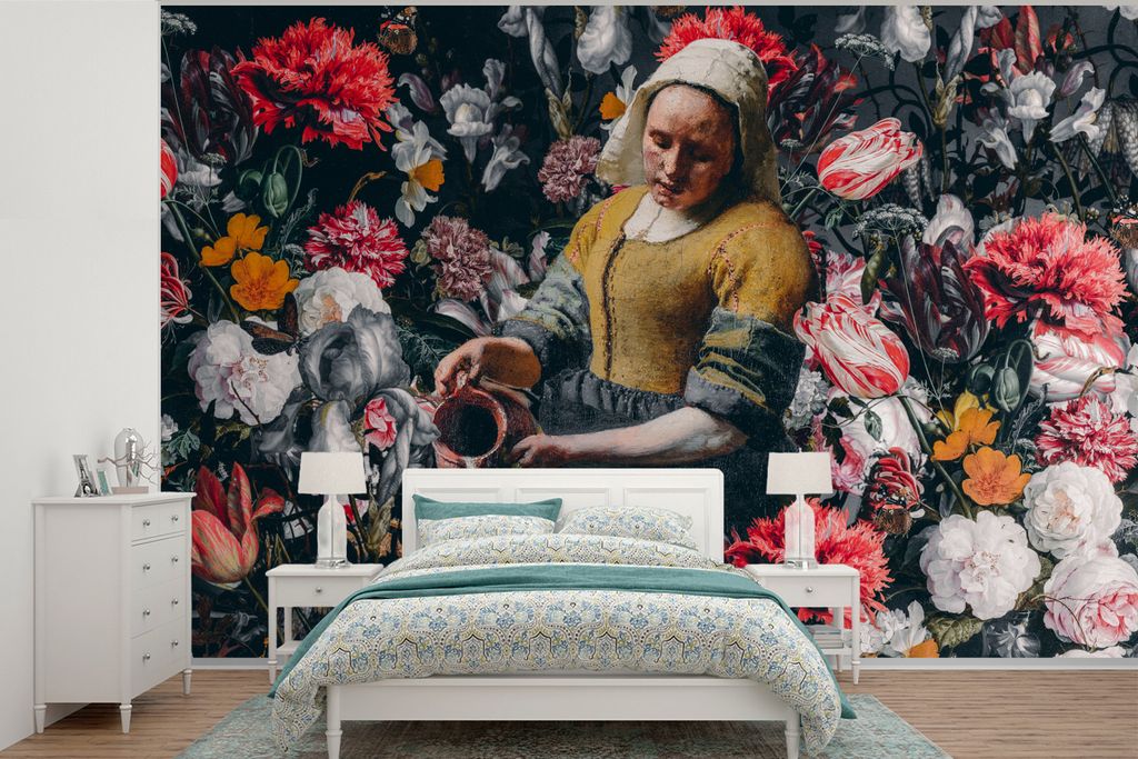 MuchoWow Fototapete für Wohnzimmer oder Schlafzimmer Wandtapete Vinyl Motivtapete Milchmädchen - Johannes Vermeer - Blumen - 390x260 cm - Papie...
