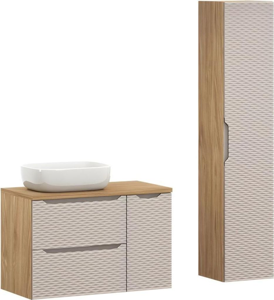 Badezimmer-Set YOKA beige: Waschbeckenunterschrank 90 cm + Platte für Waschbecken + Aufsatzwaschbecken + Stauraumsäule