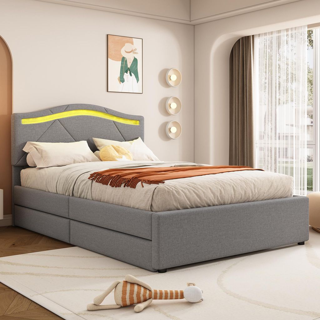 okwish Polsterbett Einzelbett 90x200cm mit Lattenrost aus holz, Jugendbett mit 2 Stauraum Schubladen und Raumbeleuchtung(mit Matratze)- Grau