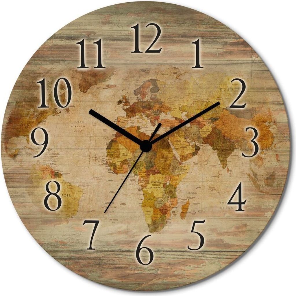 ARTland Holz Wanduhr Funkuhr - schwarzer Zeiger Weltkarte Größe: 30x30 cm