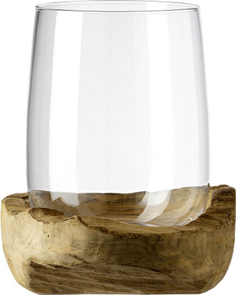 LEONARDO 84409 Terra Windlicht mit Teakholz-Sockel, Ø 24 x 30 cm, natur/klar (1 Stück)
