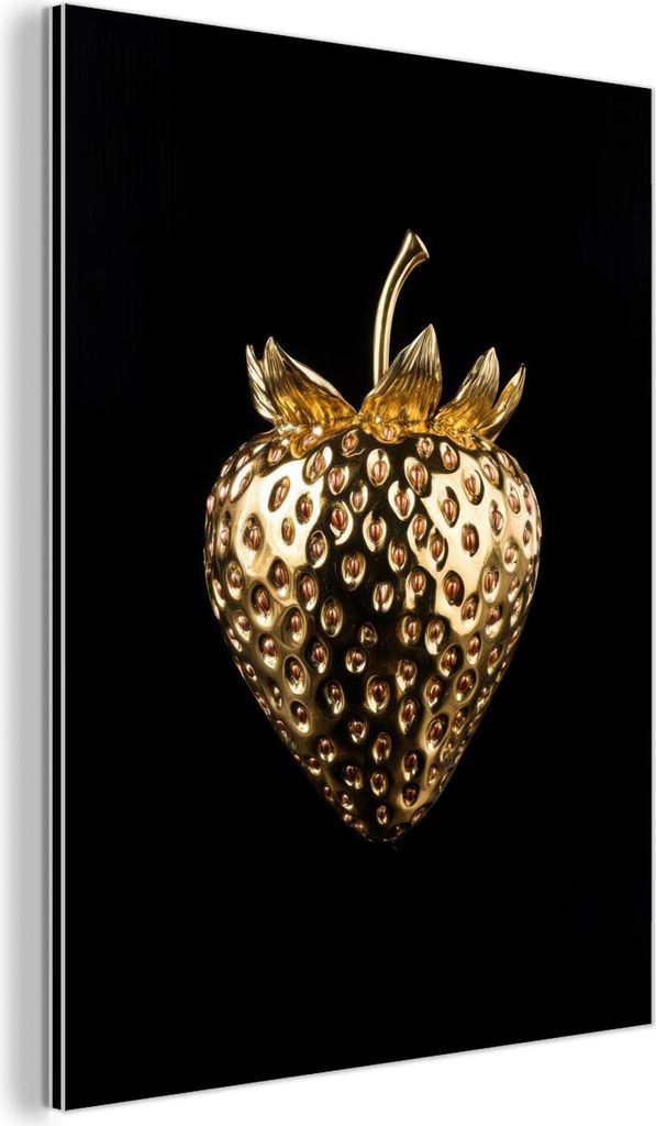 MuchoWow Wanddekoration Metall Metallbild Wandkunst 90x120 cm Erdbeere - Gold - Schwarz - Chrom MuchoWow Aluminium Gemälde - Industrial
