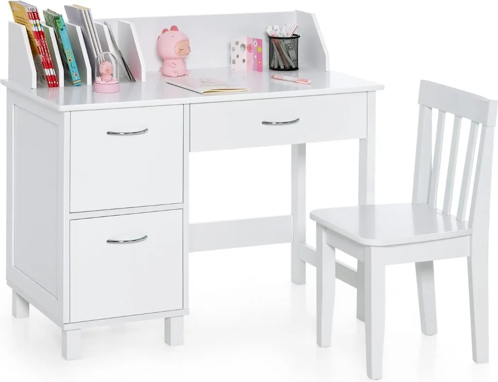 Bureau enfant bois blanc avec rangements et chaise assortie Modèle Léo