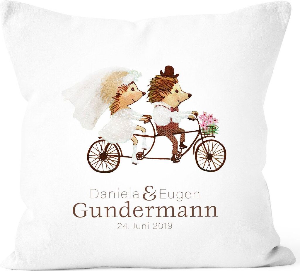 personalisierbare Kissenhülle zur Hochzeit, Hochzeitskissen Igel Fahrrad Tandem Hochzeitsgeschenk Geldgeschenk SpecialMe weiß unisize