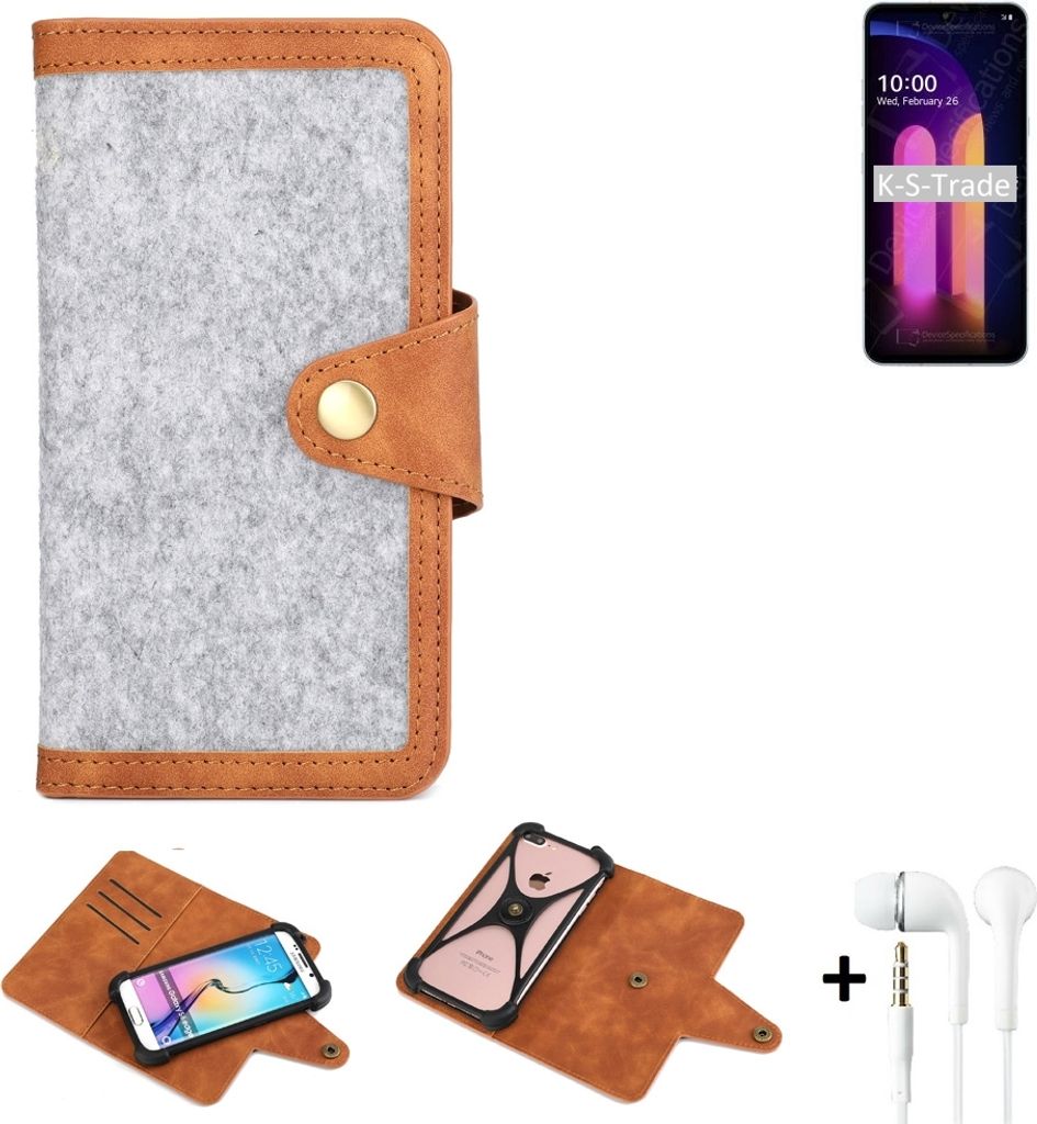 K-S-Trade Handyhülle + Kopfhörer kompatibel mit LG Electronics V60 ThinQ Schutzhülle Filz Hülle Kunstleder hellgrau braun (1x)