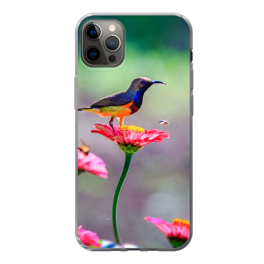 MuchoWow Handyhülle Schutzhülle Hülle für iPhone 12 Pro Max Nahaufnahme eines Kolibris auf rosa Blüten Silikon Softcase Handy Hülle - Harts...