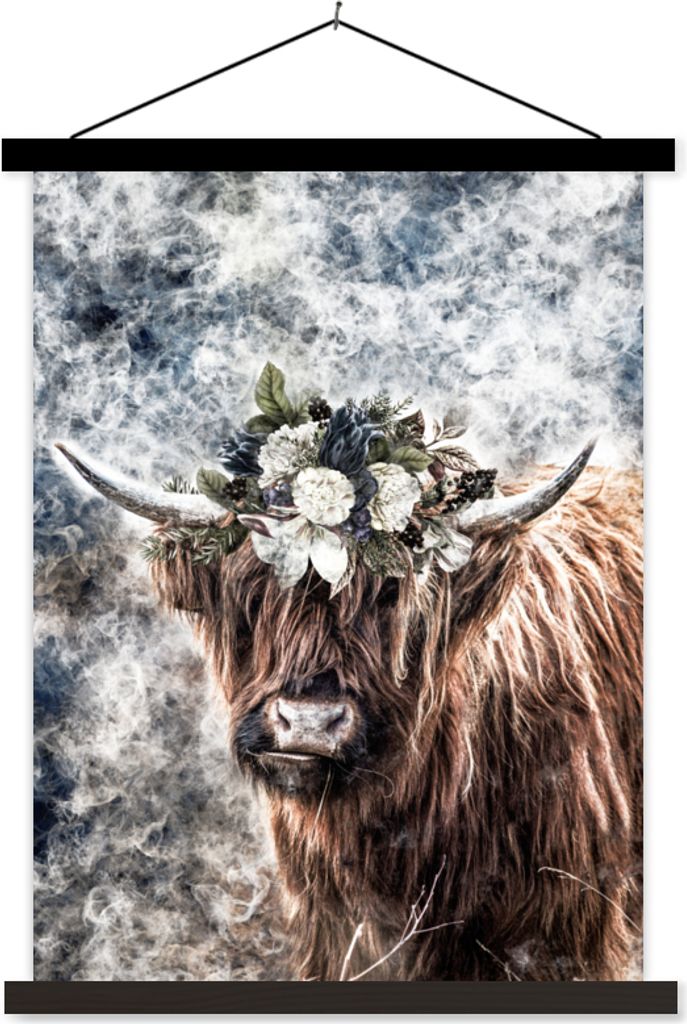 MuchoWow Textilposter Schottisches Hochlandrind - Rauch - Blumen 40x53 cm mit schwarzem Rahmen - Abbildung
