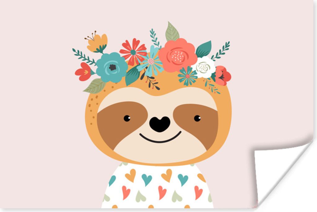 MuchoWow Poster Faultier - Blumen - Tiere 90x60 cm - Schlafzimmer