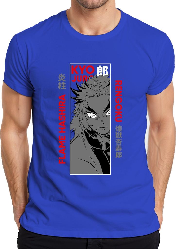 Kyojuro Rengoku Flame Hashira Kimetsu no Yaiba Anime Geschenk Herren T-Shirt, Blau, L