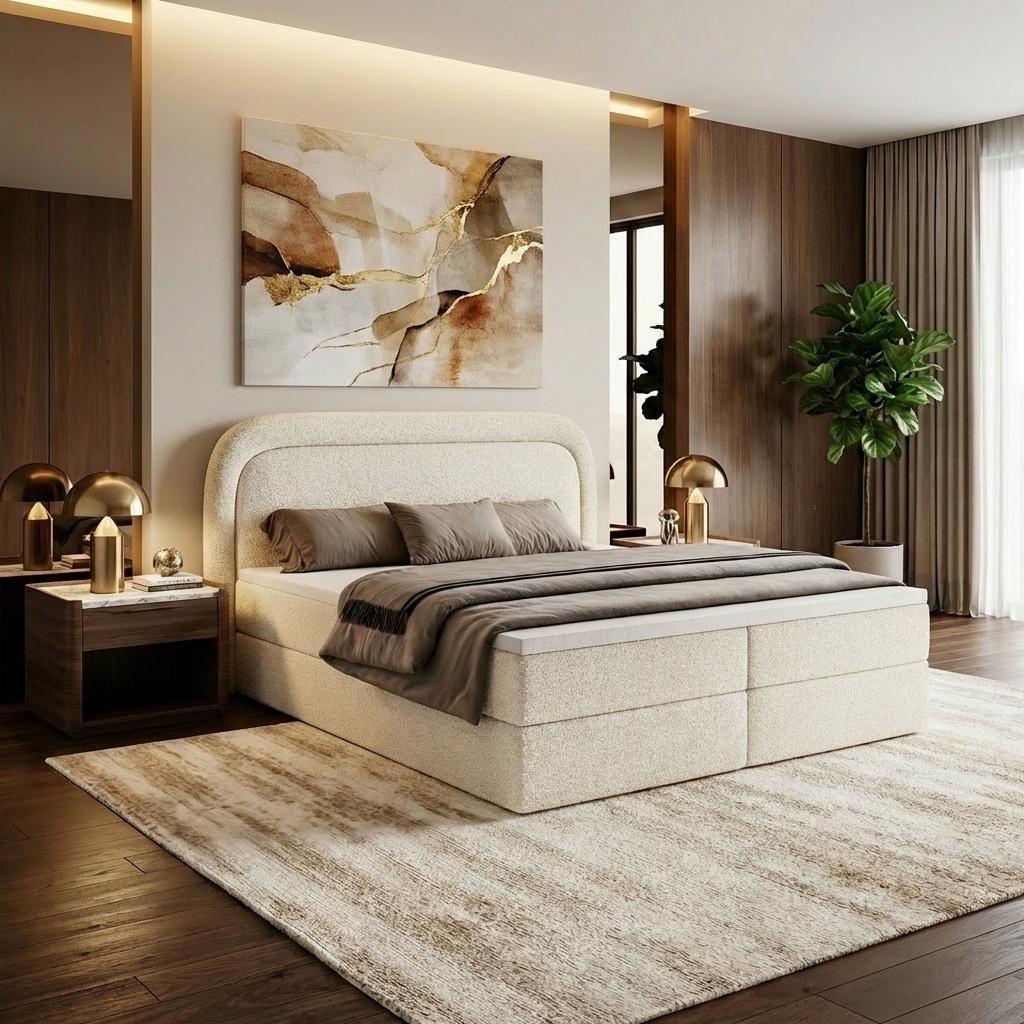 Boxspringbett BONITO 140x200 mit Bettkasten inkl. Matratze H3 und Topper Polsterbett Doppelbett Stoff MONTE Creme