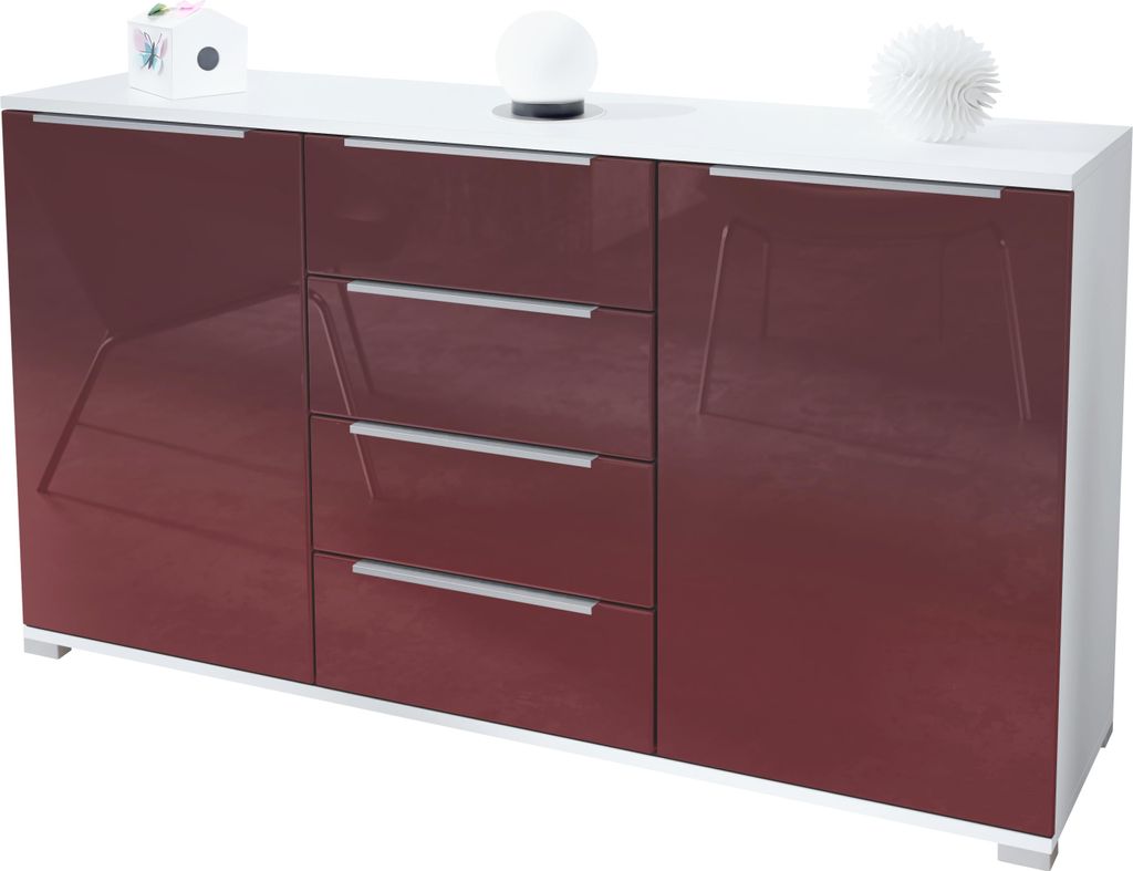 Vladon Sideboard Linio V1, Anrichte mit 2 Türen und 4 Schubladen, Weiß matt / Bordeaux Hochglanz (138,5 x 75,5 x 35 cm)