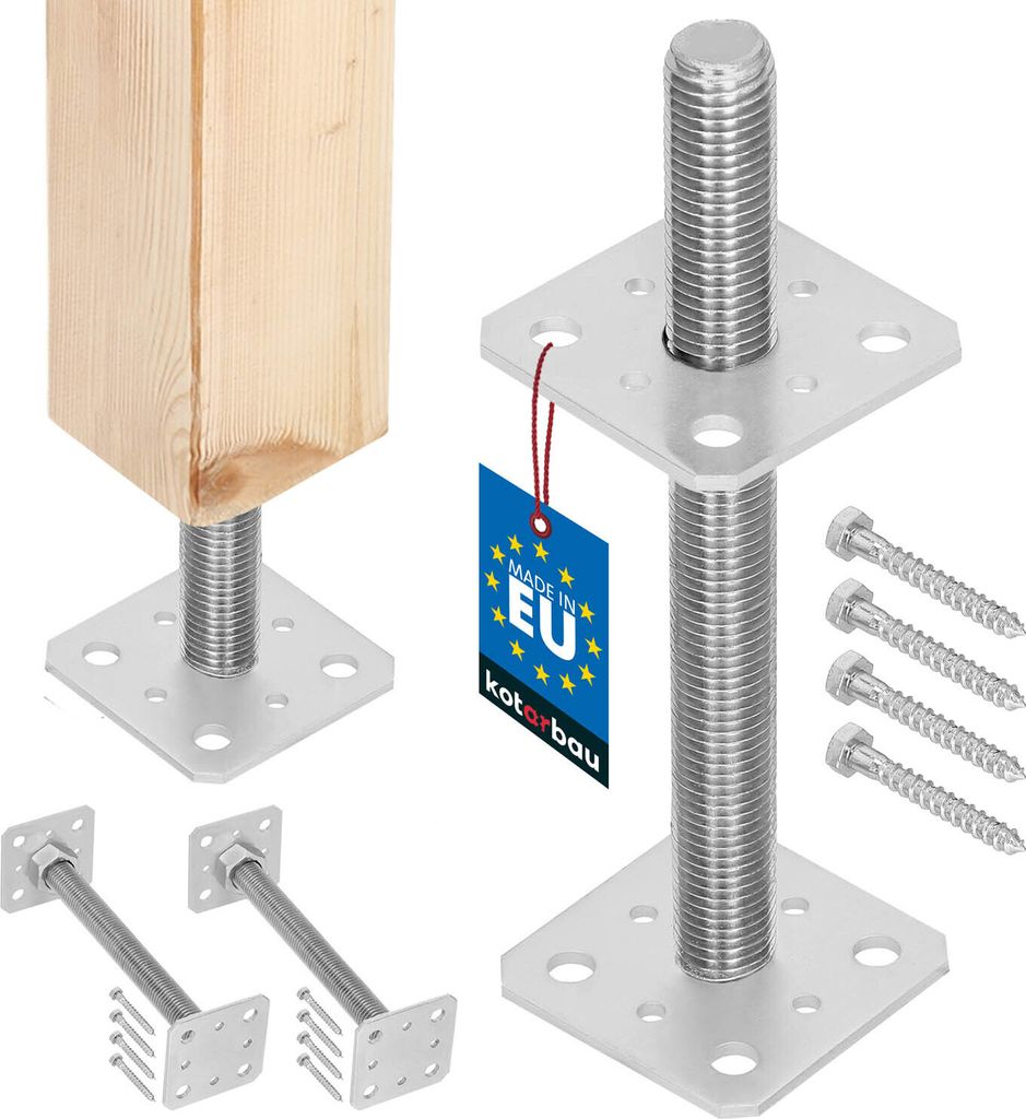 A product image showing various types of metal post anchors with a wooden post on one of them, along with screws and a tag.