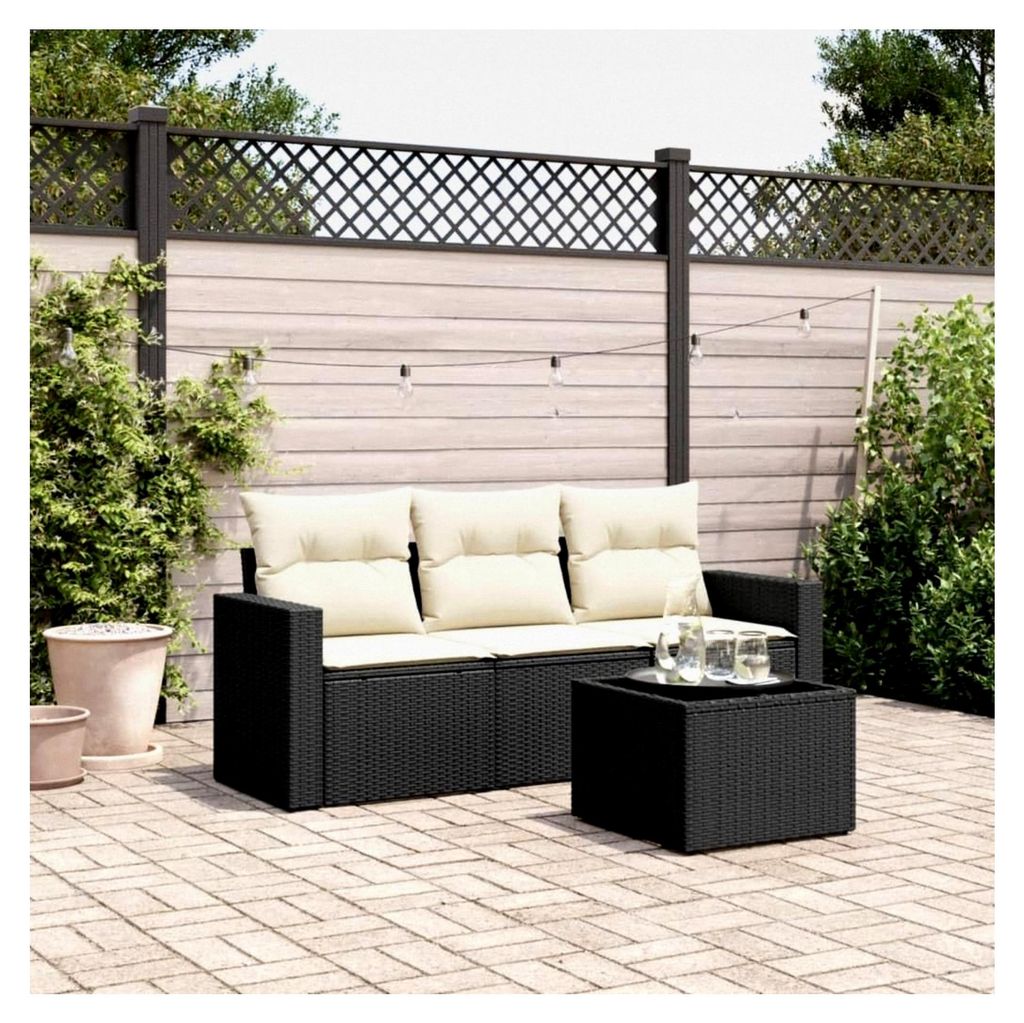 Garten-Sofagarnitur mit PE-Rattan-Sitzflächen, schwarz, für Terrasse und Innenhof