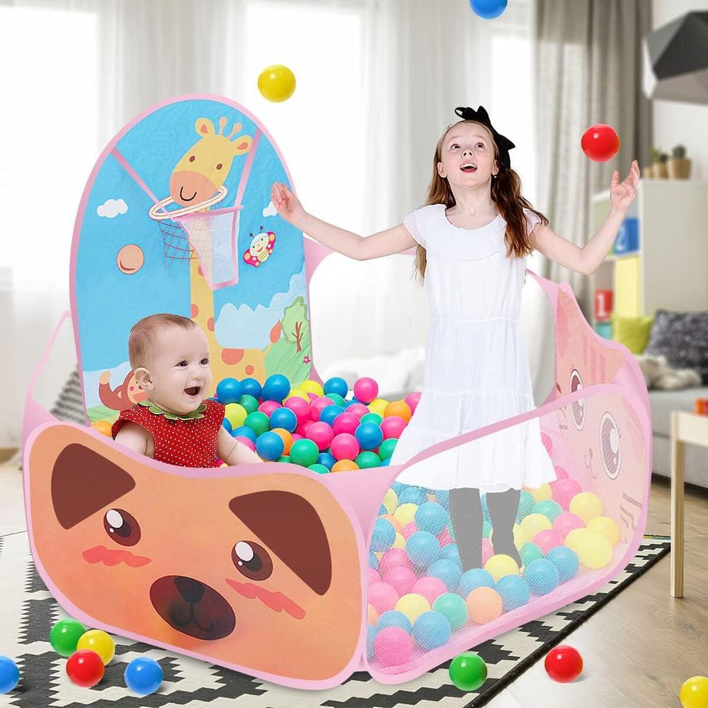 Kinder Pop Up Falt Cartoon Spielzelt Pit Pool mit Basketballkorb - Rosa - Spielzeug - Kinderspiel