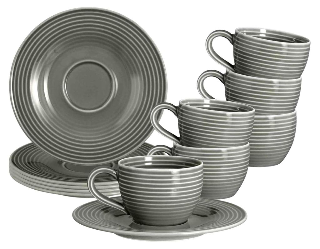 Espresso-Set 12-teilig – Modernes Porzellan mit Rillenrelief in Trendfarben, 6 Espressotassen und Untertassen, spülmaschinen- und mikrowellenfes...