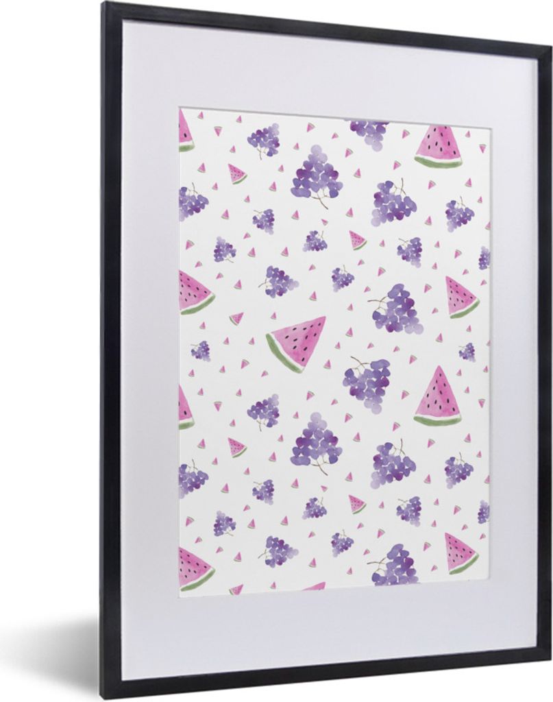 MuchoWow Gerahmtes Poster Weintrauben - Wassermelone - Pastell - Muster 30x40 cm - Poster mit Schwarzem Bilderrahmen Wandposter Rahmen Foto Bilde...