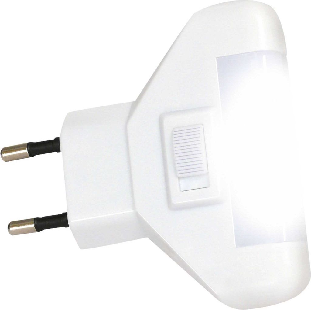 A white night light with two prongs for plugging into an electrical outlet.