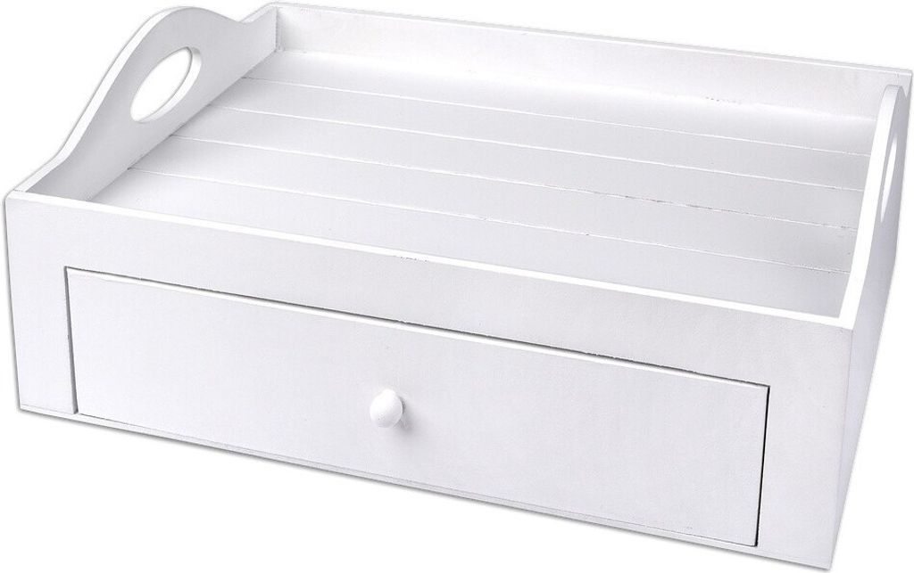 Schramm® Tee Tablett Serviertablett weiss mit Schublade ca. Produktbild 