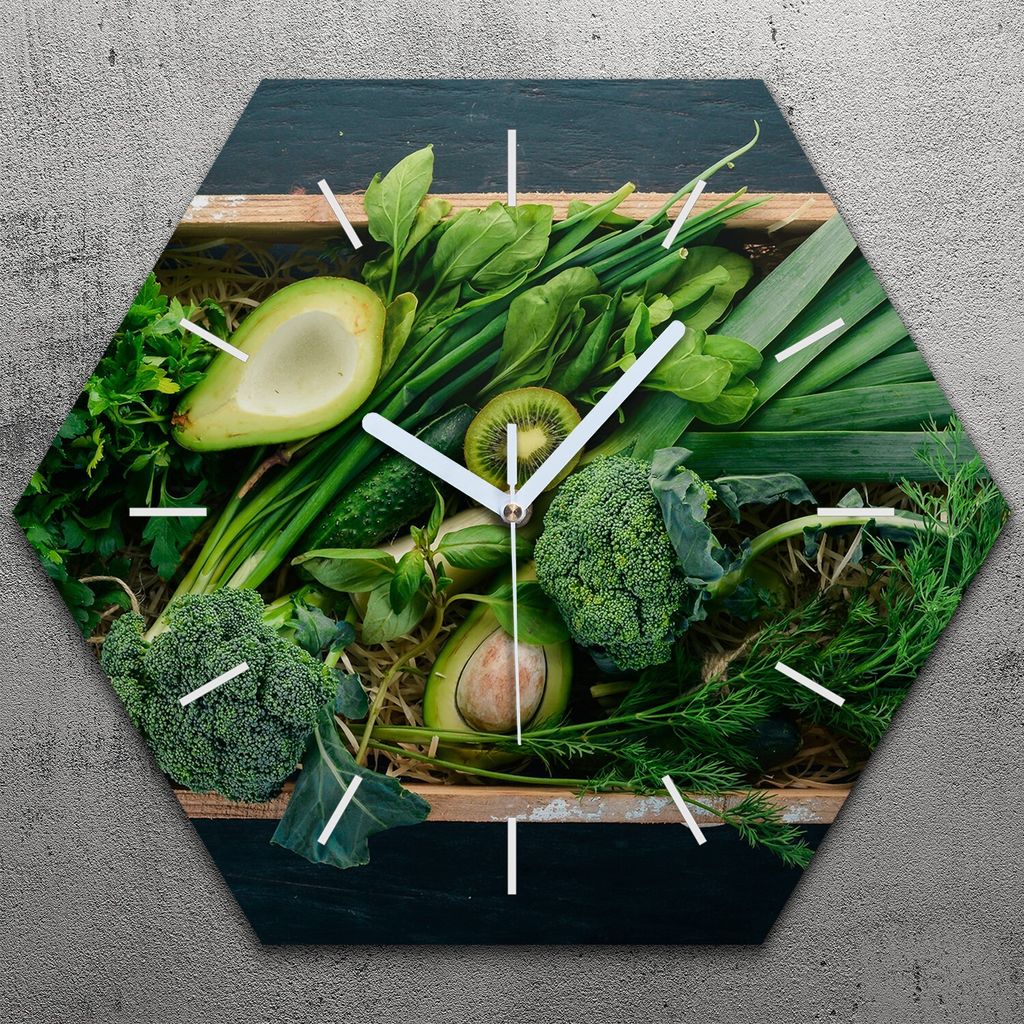 Uhr hexagonal 40 cm Glas Geräuschlos weiße Zeiger - Gemüse Farbige