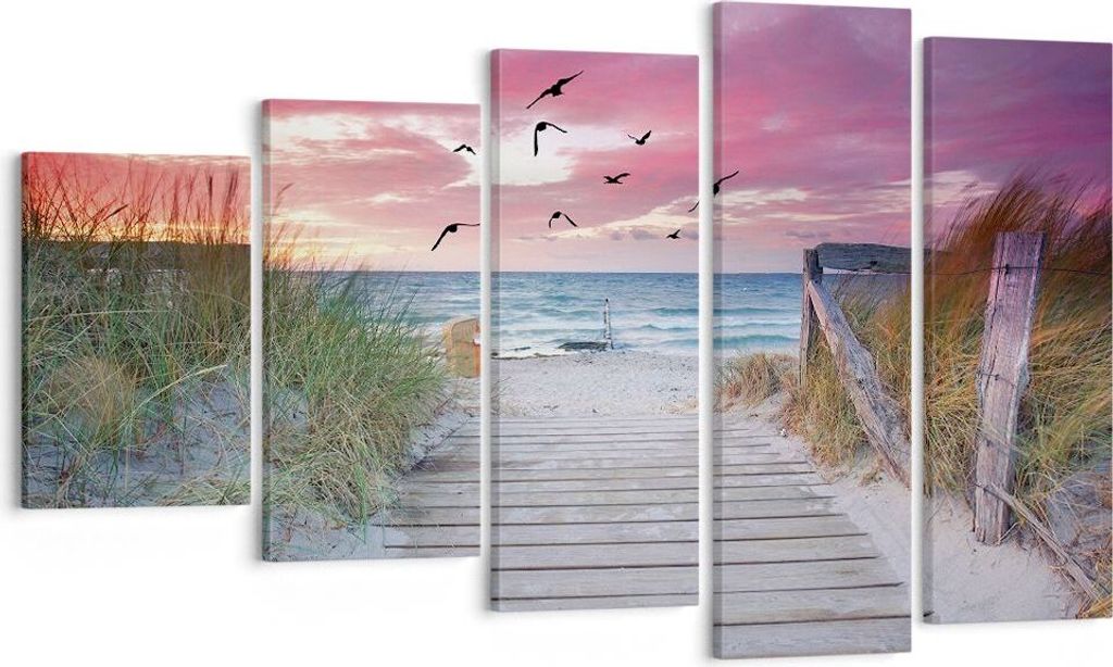 Bild auf Leinwand - Leinwandbild - 5 Teile - Strand Sand Vögel - 100x60cm - Wand Bild - Wanddeko - Wandbilder - Leinwanddruck - Bilder - Wanddekor...