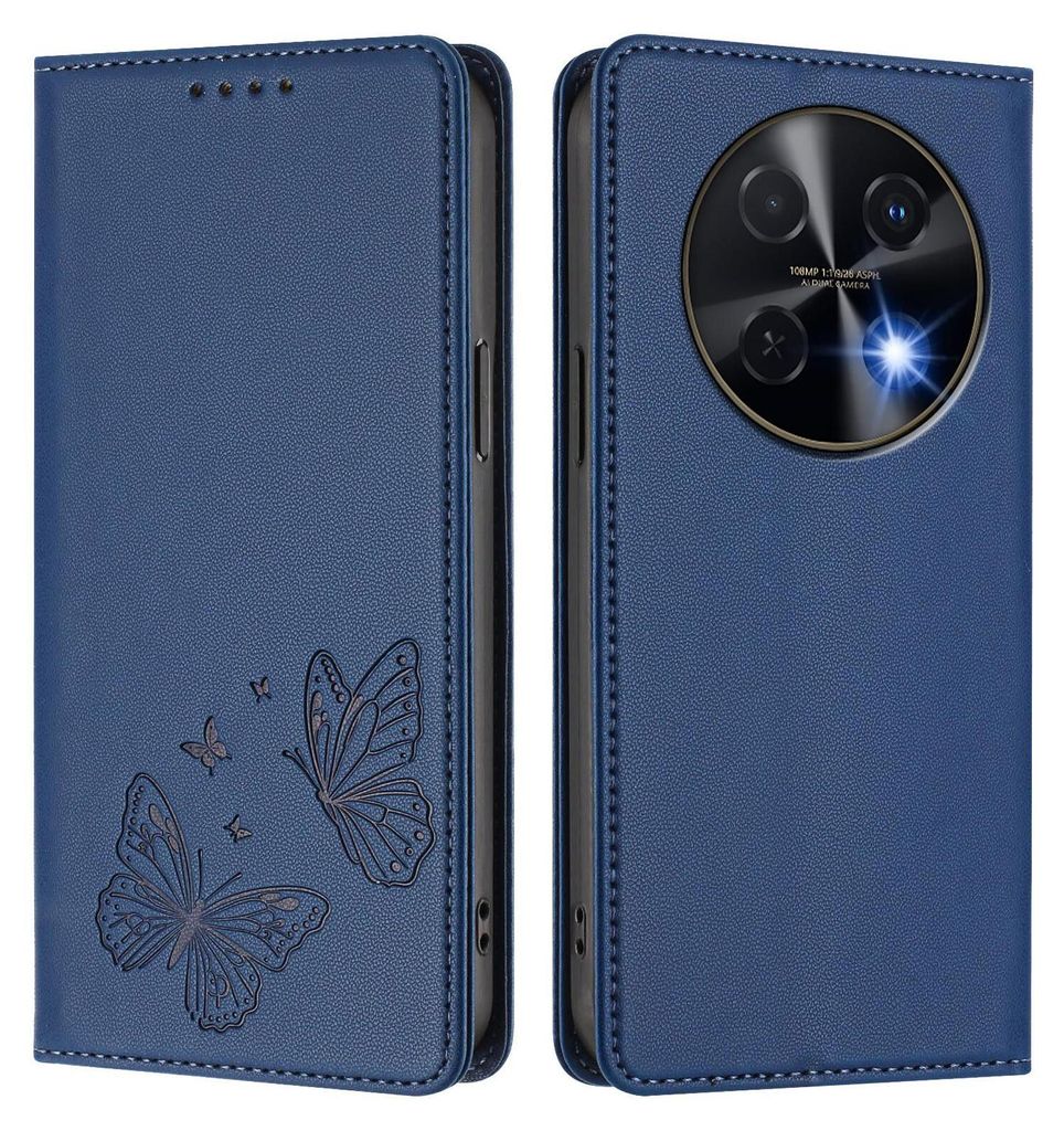Lederhülle für Huawei Nova 12i /Nova 13i, Schmetterling Prägung Leder Brieftasche Schutzhülle mit Ständer Dunkelblau