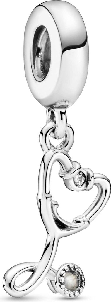 A silver charm shaped like a stethoscope with a heart detail, hanging from a bail.
