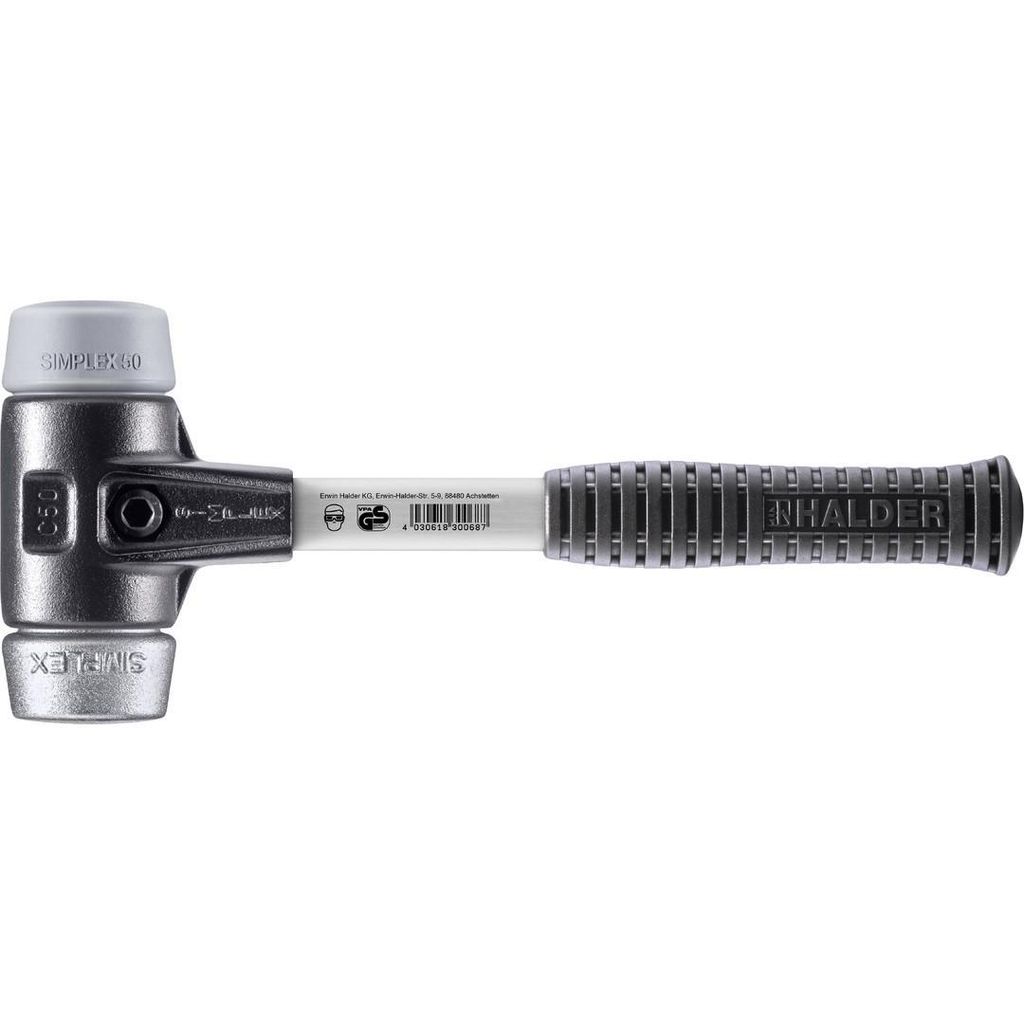 HALDER SIMPLEX Schonhammer Ø 50 mm TPE-mid grau / Weichmetall mit verstärktem Tempergussgehäuse und Fiberglasstiel