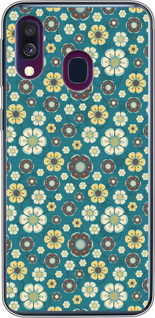 MuchoWow Handyhülle Schutzhülle Hülle für Telefoonhoesje Samsung Galaxy A40 Retro - Blumen - Muster - Blau Silikon Softcase Handy Hülle - Ha...