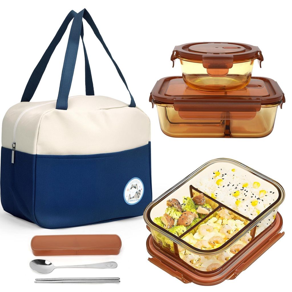 Lunchbox mit 3 Fächern, Suppenschüssel, Aufbewahrungsbeutel und Besteck – Tragbares Glas-Lunchbox-Set, ideal für Schule, Arbeit, Picknicks und...