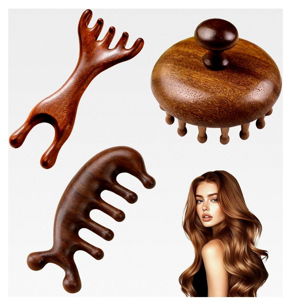 3 Stück Kopfhautmassagebürste Set aus natürlichem Sandelholz für Zuhause oder unterwegs
