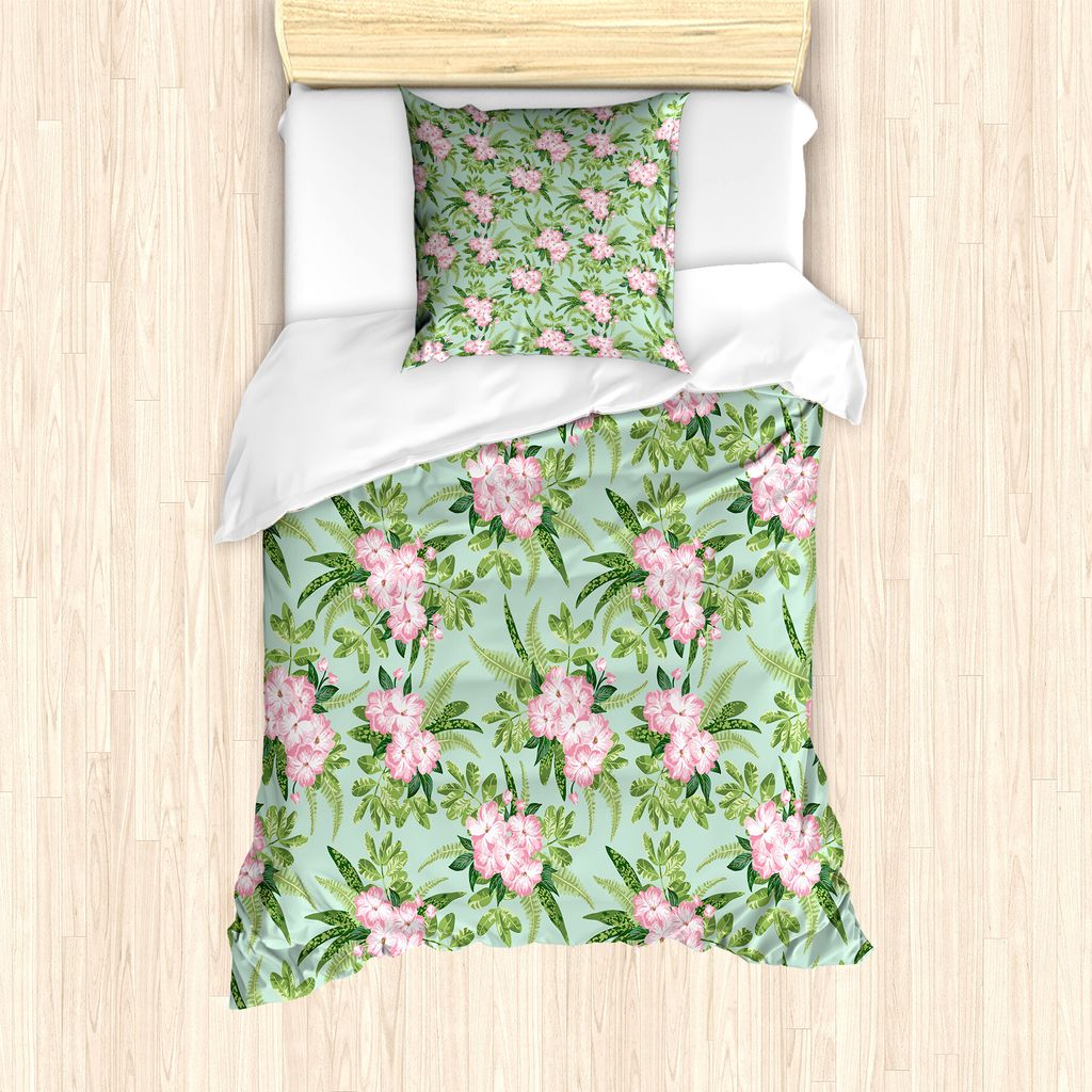 ABAKUHAUS Blumen Bettbezug Set für Einzelbetten, Hibiscus Blooming Bouquets, Milbensicher Allergiker geeignet mit Kissenbezug, 135 cm x 200 cm - 8...