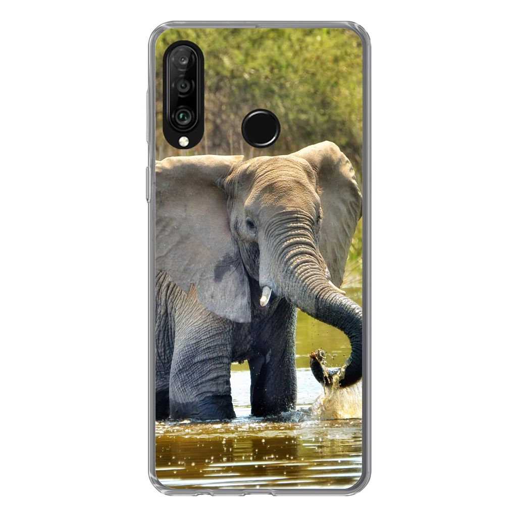 MuchoWow Handyhülle Schutzhülle Hülle für Huawei P30 Lite Elefant - Wasser - Tiere - Natur Silikon Softcase Handy Hülle - Handyhülle