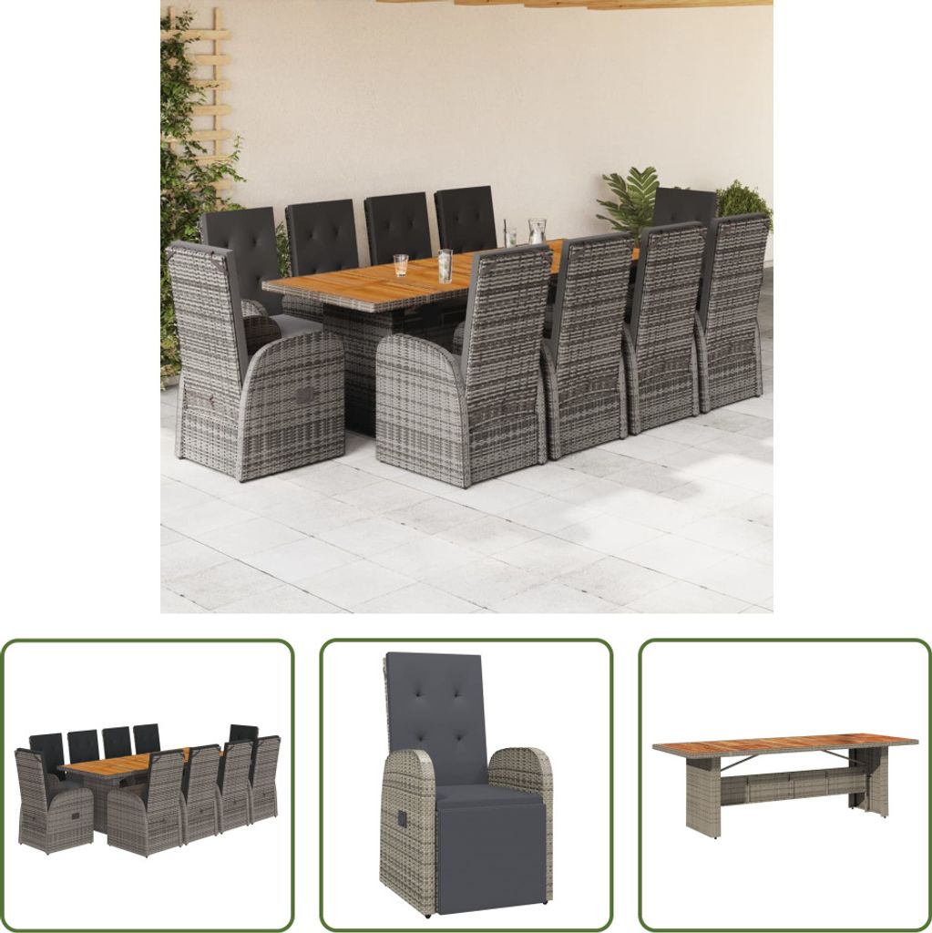 The Living Store 11-tlg. Garten-Essgruppe mit Kissen Grau Poly Rattan
