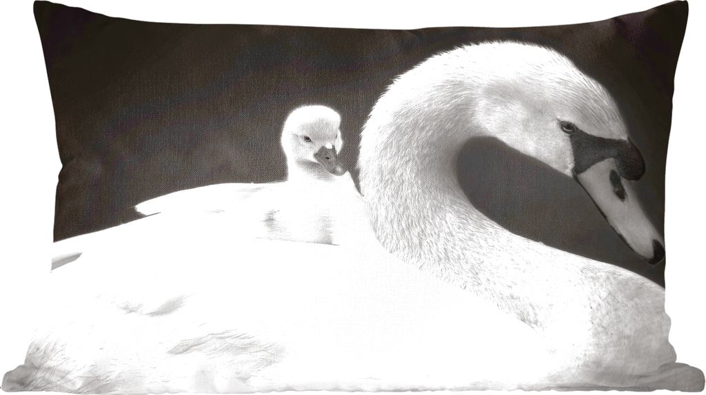 MuchoWow Zierkissen Sofakissen Wohnzimmer Dekokissen 50x30 cm Tierprofil Schwan mit Jungtier in schwarz und weiß - Wohnzimmerdekoration - Polste...